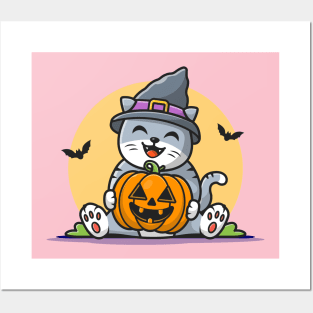 Cute Witch Cat Hug Pumpkin Halloween Cartoon Vector Icon Illustration Posters and Art